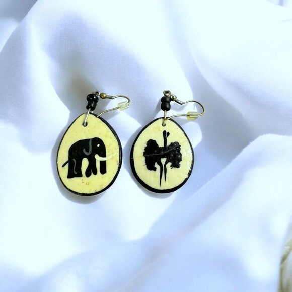 Handcrafted Drop Earrings With Elephant & Ostrich Designs Shell Material - Picture 3 of 8